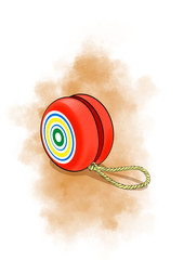 Red yoyo, brown smoke in the back.