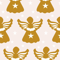 Golden christmas angels and stars in a seamless pattern design