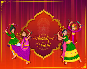 Couple performing Garba dance in Dandiya Raas for Dussehra or Navratri in vector