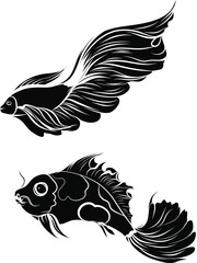 Hand drawn and Silhouette beautiful siamese fighting fish.Thai beautiful fish tatoo.Infinity asian fish.