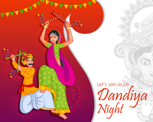 Couple performing Garba dance in Dandiya Raas for Dussehra or Navratri in vector