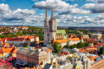 The Zagreb Cathedral on Kaptol. Aerial view of the central square of the city of Zagreb. Capital...