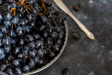 Large, black, wine grapes. It is covered with a white coating called yeast. With the help of them, wine is obtained. Drops of water on the berries, next to a gray fabric for decoration. 