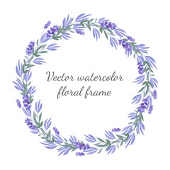 Vector watercolor round frame with floral ornaments and lavender flowers
