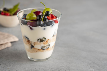 Tiramisu with berries in glasses on grey background. Italian dessert. Copy space.