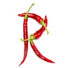 Fotobehang English alphabet made of chili peppers on white background. Font made of hot red chili pepper isolated - letter R. © Marina Dobryakova