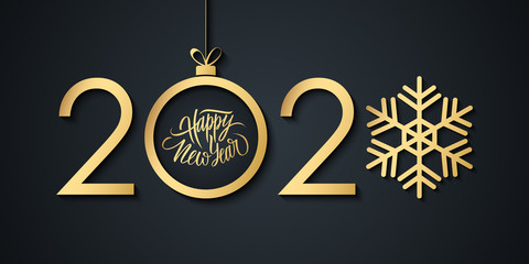 2020 Happy New Year celebrate banner with handwritten new year holiday greetings, gold christmas ball and snowflake. Vector illustration. - obrazy, fototapety, plakaty