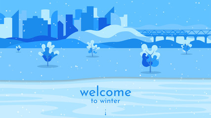 Fototapeta na wymiar Minimalistic vector winter landscape. Flat abstract background. Blue wallpapers. The city with transport links near the park with trees. Frozen Lake. Template with free space for text. Snowfall.