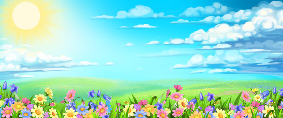 Fototapeta na wymiar background with field, flowers and sky