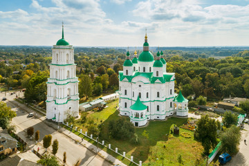 Fototapeta na wymiar Aerial autumn view of Cathedral of the Nativity of the Most Holy Mother of God in Kozelets town, Chernihiv region, Ukraine.