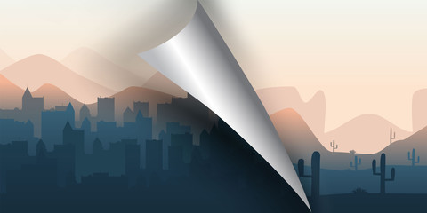 Abstract flat landscape. Creative idea. Turn the page from city to desert. Minimalistic wallpaper. Curved page with shadow. 3d style. Foggy town. Evening wilderness.