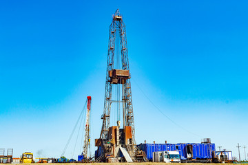 Oil drilling rig at a field in western siberia. Front view.