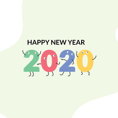 Colorful card for New Year 2020 with happy cartoon. Little kids party vector illustration. Isolated on white background.