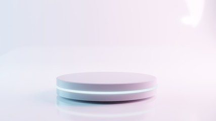 Empty product pedestal with blue neon lights on a pastel rose color background. 3d rendering mock up