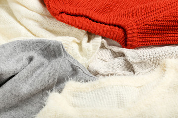 Background of colorful knitted sweaters