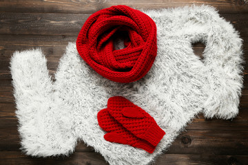 Knitted sweater with red scarf and pair of gloves on wooden table