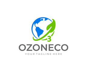 Ozone logo design. World ozone day vector design. Earth planet with ozone layer and leaf logotype