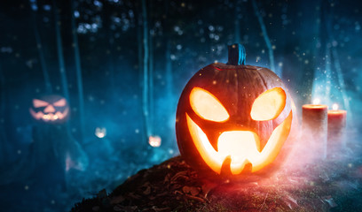 Spooky halloween pumpkins in forest