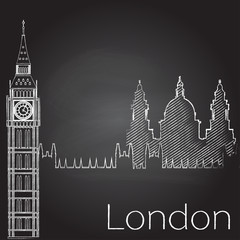 Architectural sights of London on the chalkboard. London city buildings silhouette hand drawn illustration. London cityscape with landmarks sketch style. Travel Untied Kingdom skyline background