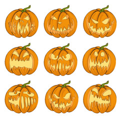 Halloween. Vector illustration of Jack-o-lantern for cards, banners, stickers, flyers. Colored set of pumpkins on a white background.