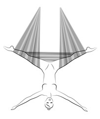 Fly yoga. Yoga on the hammock. Silhouette of a slender girl who goes in for sports, meditation. Good for your health. Vector illustration