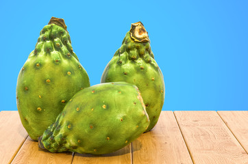 Naklejka premium Cactus pears close-up 3d rendering with realistic texture on the wooden table