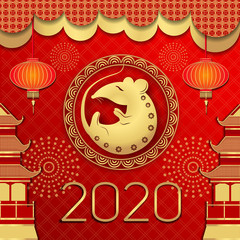 Chinese new year 2020 year of the rat, red and gold paper cut rat character. Chinese New Year greeting card. Golden and red ornament. Zodiac sign for greetings card, invitation, posters, banners, card