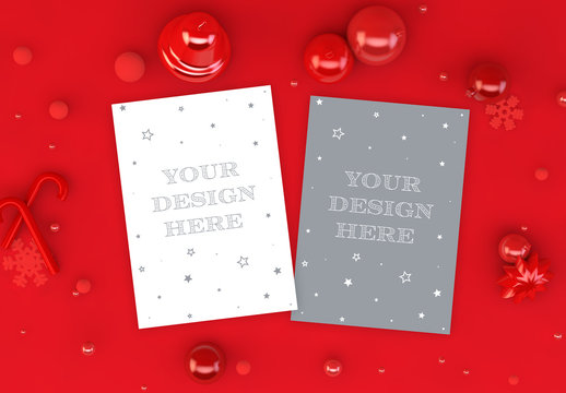 Vertical Christmas Cards on Red Background Mockup
