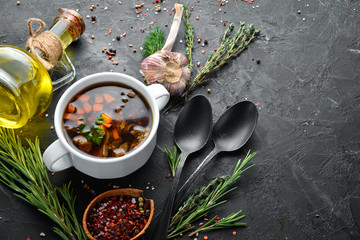 Mushroom soup. Dishes, food. Top view. Free space for your text.