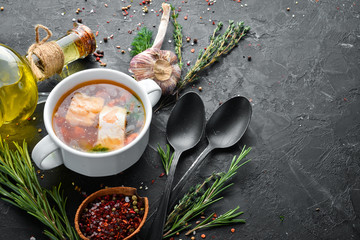 Fish soup. Seafood. Dishes, food. Top view. Free space for your text.