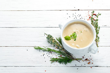 Creamy soup with vegetables. Dishes, food. Top view. Free space for your text.