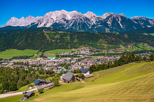 Beautiful alpine view with the famous Dachstein summit at the Planai Alm, Schladming, Steiermark, Austria
