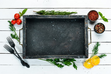 White food background. Cooking Ingredients. Top view. Free space for your text.