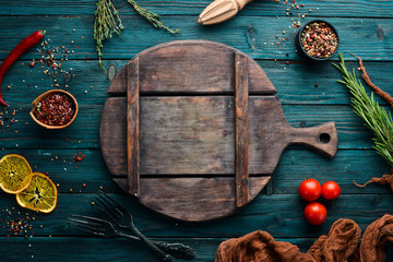 Blue Food Background. Cooking Ingredients. Top view. Free space for your text.