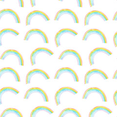Watercolor hand drawn seamless pattern with rainbow in pastel colors, sky element isolated on white background