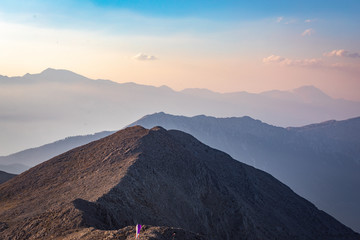 Panoramic view of Taurus Mountain at sunset from the top of Tahtali Mountain near Kemer, Antalya, Turkey