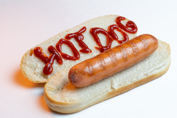 Sausage sandwich with text on a Hot Dog bun. Fried sausage with bread on white background