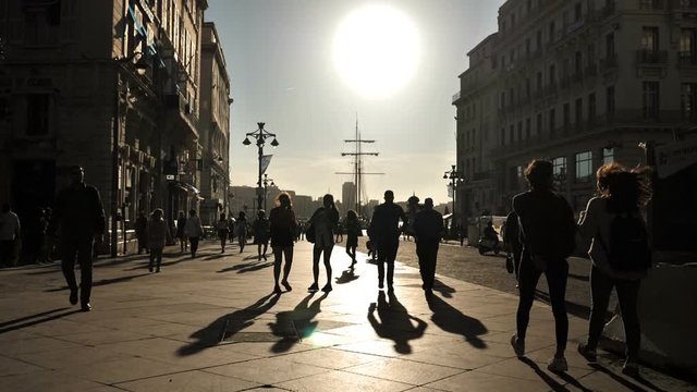 MARSEILLE, FRANCE - SEPTEMBER 28, 2019: At sunset people walk along the famous avenue in Marseille, "la Canebi&egrave;re"