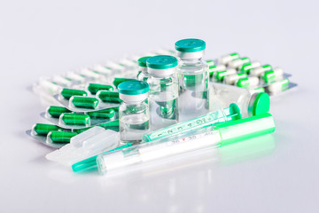 Drug prescription for treatment medication. Pharmaceutical medicament, cure in container for health, capsule pills with medicine antibiotic in packages.