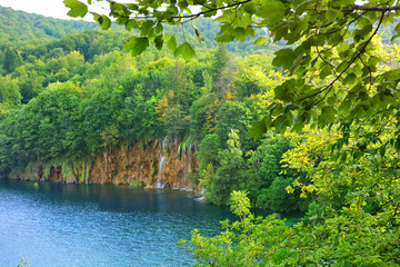 Waterfalls in forest. Plitvice national park, Croatia