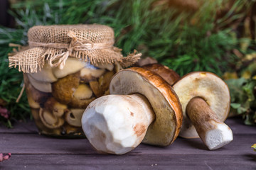 Mushroom Boletus in wooden wicker basket. Boletus edulis over Wood Background, close up on rustic table.  Cooking delicious organic mushroom. Gourmet food,Autumn Cep Mushrooms. Mushrooms Picking