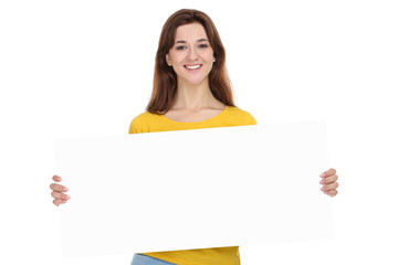 Young woman with blank board on white background