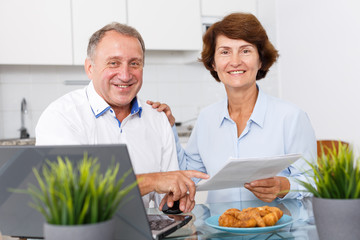 Positive senior man and woman sitting at laptop with papers at home