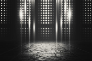 Empty background scene. Dark reflection of the street on wet asphalt. Rays of neon light in the dark, smoke. Background of an empty stage show. Abstract dark background.