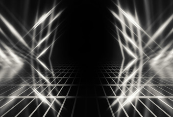 Empty background scene. Dark reflection of the street on wet asphalt. Rays of neon light in the dark, smoke. Background of an empty stage show. Abstract dark background.