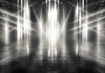 Empty background scene. Dark reflection of the street on wet asphalt. Rays of neon light in the dark, smoke. Background of an empty stage show. Abstract dark background.