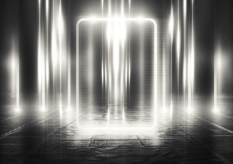 Empty background scene. Dark reflection of the street on wet asphalt. Rays of neon light in the dark, smoke. Background of an empty stage show. Abstract dark background.