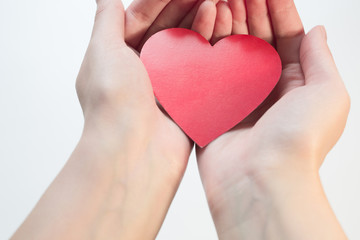 red heart in hand on a white background