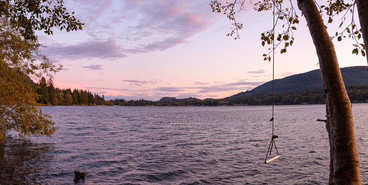 PNW Mountain Lake Sunset with rope swing