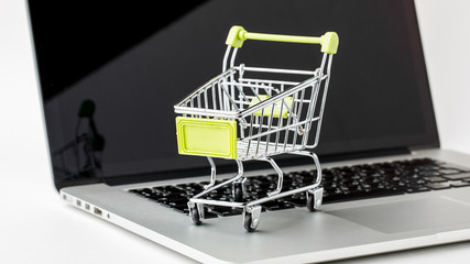 Online shopping and e-Commerce. Basket and laptop on white background.